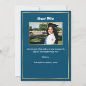 Chic modern blauw en Gold Script-Afstuderen Aankondiging (Achterkant)