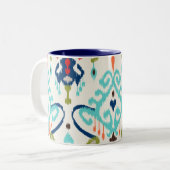 Chic modern blauwgroen marineblauw ikattribaal tweekleurige koffiemok (Voorkant links)
