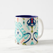 Chic modern blauwgroen marineblauw ikattribaal tweekleurige koffiemok (Voorkant rechts)
