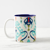 Chic modern blauwgroen marineblauw ikattribaal tweekleurige koffiemok (Links)