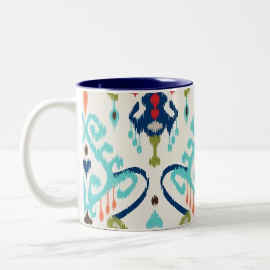Chic modern blauwgroen marineblauw ikattribaal tweekleurige koffiemok (Links)
