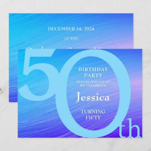 Chic Modern Blue Birthday Uitnodiging (Voorkant / Achterkant)