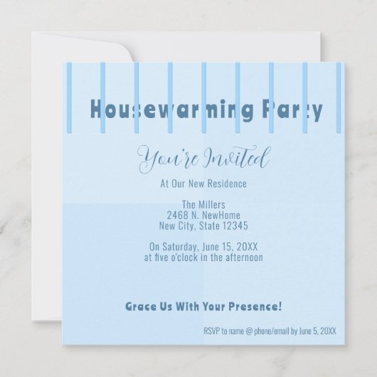 Chic Modern Blue Fence Housewarming Party Uitnodig Aankondiging (Voorkant)