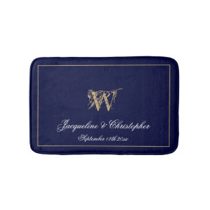 Chic Modern Blue Monogram Names Pas getrouwd Weddi Badmat