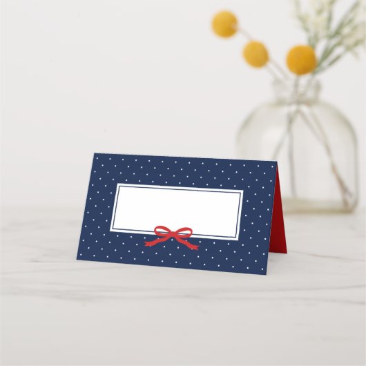 Chic Modern Blue Polka Dot met Rood Lint Plaatskaartje (Voorkant)