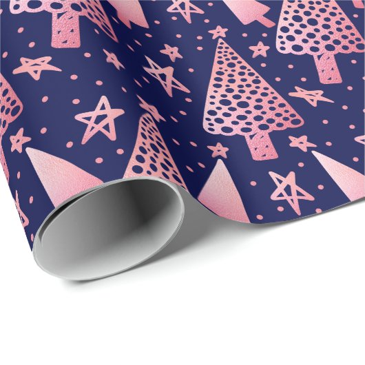 Chic Modern Blush Pink Pine Trees Stars Kerstmis Cadeaupapier (Rol Hoek)