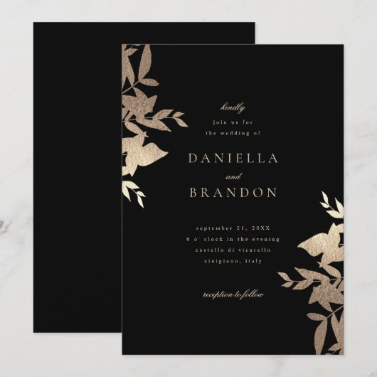 Chic Modern Botanical Faux Gold Black Wedding Kaart (Voorkant / Achterkant)