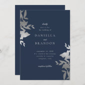 Chic Modern Botanical Faux Silver Navy Wedding Kaart (Voorkant / Achterkant)