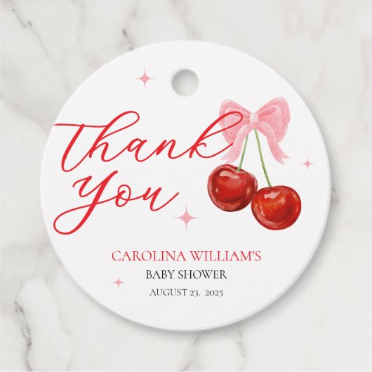 Chic Modern Cherry Baby shower Bedankjes Labels (Voorkant)