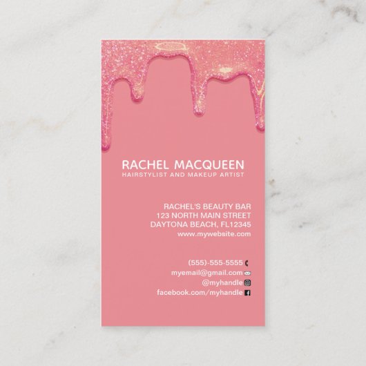 Chic Modern Coral Pink Glitter Druppelt Visitekaar Visitekaartje (Achterkant)
