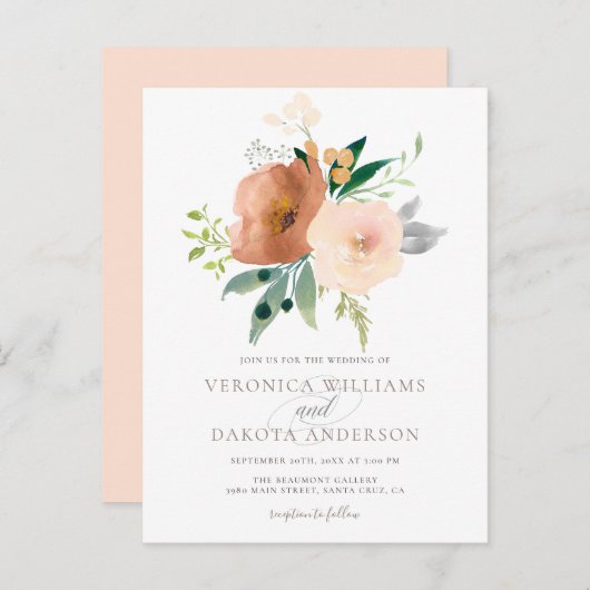 Chic Modern Delicate Waterverf Bloemen Huwelijk Uitnodiging Briefkaart (Voorkant / Achterkant)