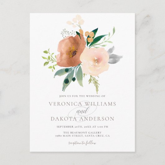 Chic Modern Delicate Waterverf Bloemen Huwelijk Uitnodiging Briefkaart (Voorkant)