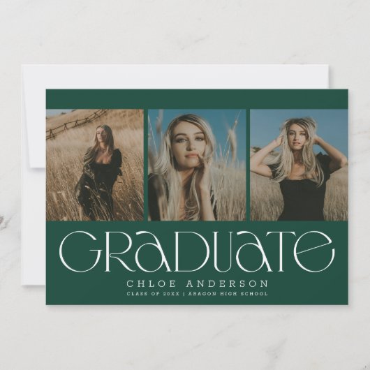 Chic Modern Donkergroen 3 Foto Afstuderen Aankondiging (Voorkant)
