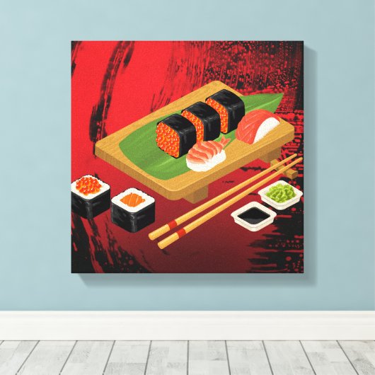 Chic Modern Elegant Black & Red Sushi Canvas Afdruk (Insitu (Houten vloer))