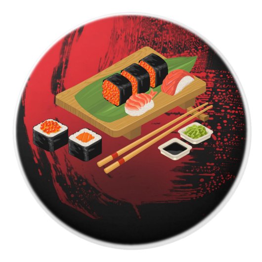 Chic Modern Elegant Black & Red Sushi Keramische Knop (Voorkant)