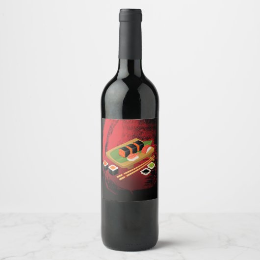 Chic Modern Elegant Black & Red Sushi Party Wine Wijn Etiket (Voorkant)