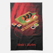 Chic Modern Elegant Black & Red Sushi Theedoek (Verticaal)