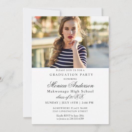Chic Modern Elegant Script PHOTO Graduation Party Kaart (Achterkant)