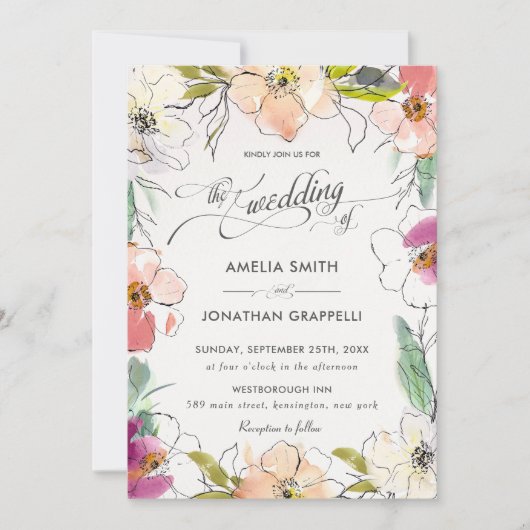 Chic Modern Elegante Waterverf Bloemen Huwelijk Kaart (Voorkant)