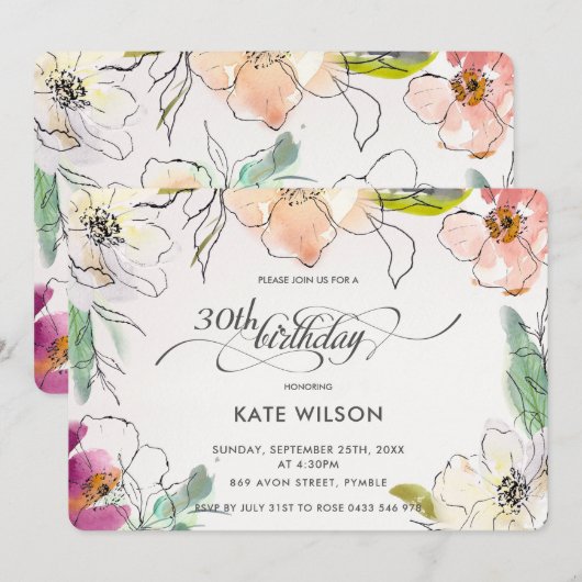 Chic Modern Elegante Waterverf Bloemen Verjaardag Kaart (Voorkant / Achterkant)