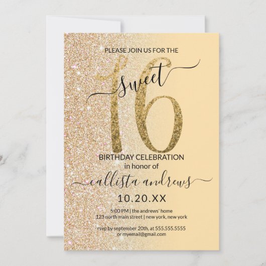 Chic Modern Geel Goud Glitter Ombre Sweet 16 Kaart (Voorkant)