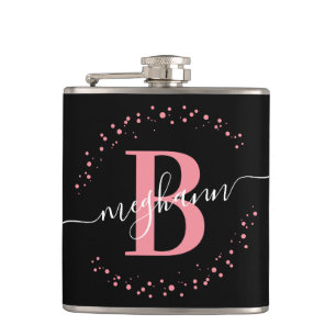 Chic Modern Girly Pink Black Name Monogram Heupfles
