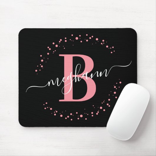 Chic Modern Girly Pink Black Name Monogram Muismat (Met muis)
