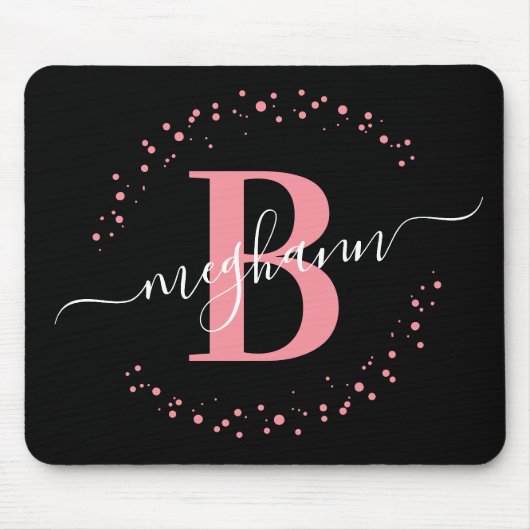 Chic Modern Girly Pink Black Name Monogram Muismat (Voorkant)