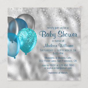 Chic Modern Glitter Balloons Turquoise Baby shower Kaart