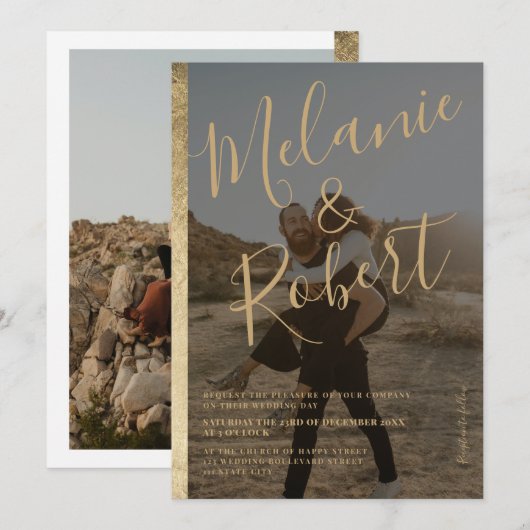 Chic modern Gold border 2 foto's leggen bruiloft v Kaart (Voorkant / Achterkant)