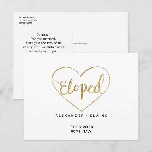 Chic Modern Gold Heart Elopement Weddenschap Briefkaart (Voorkant / Achterkant)