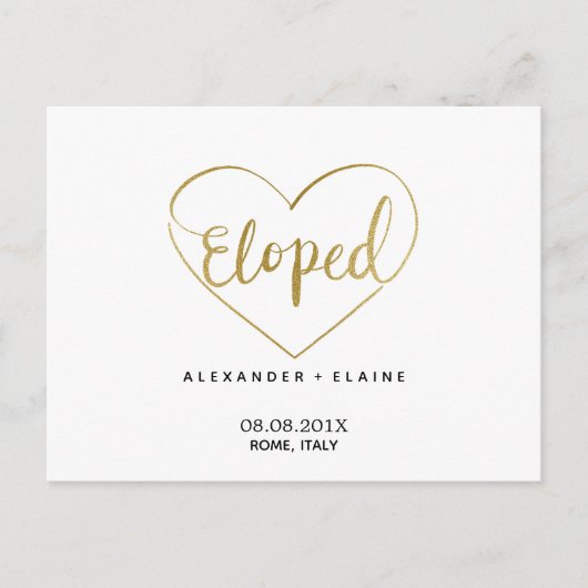 Chic Modern Gold Heart Elopement Weddenschap Briefkaart (Voorkant)