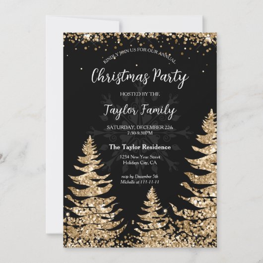 Chic Modern Gouden Glitter Kerstboomfeest Kaart (Voorkant)