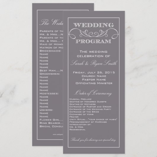 Chic Modern Gray Swirl Wedding Programme Programmakaart (Voorkant / Achterkant)