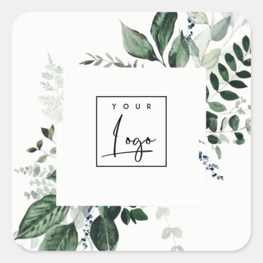 Chic Modern Green Leafy Tropical Foliage Fern Logo Vierkante Sticker (Voorkant)