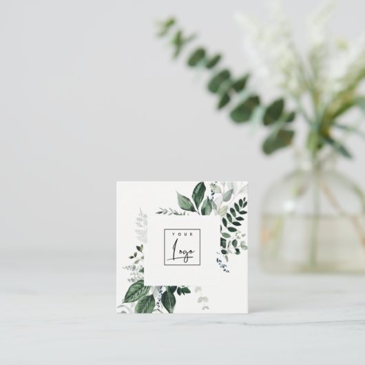 Chic Modern Green Leafy Tropical Foliage Fern Logo Vierkante Visitekaartje (Staand voorkant)