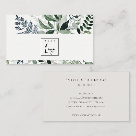 Chic Modern Green Leafy Tropical Foliage Fern Logo Visitekaartje (Voorkant / Achterkant)