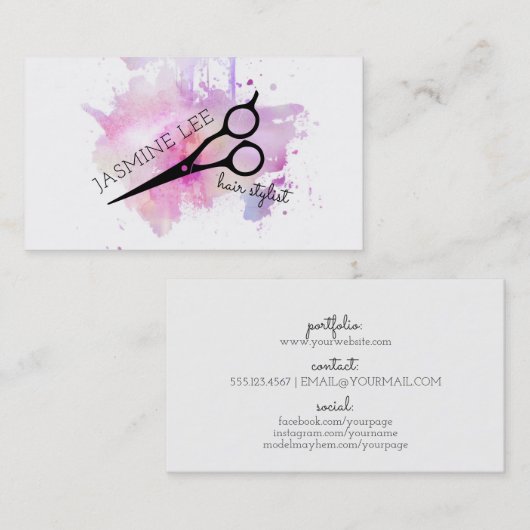 chic modern hair stylist waterverf paars grunge visitekaartje (Voorkant / Achterkant)