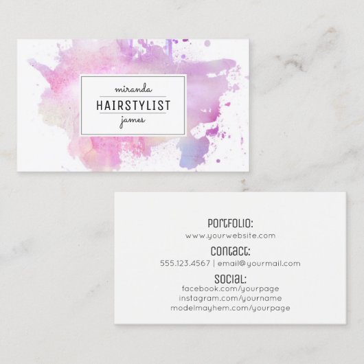 chic modern hair stylist waterverf roze grunge visitekaartje (Voorkant / Achterkant)