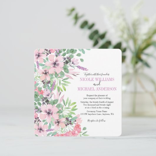 Chic modern Lila waterverf peony Foliage WEDING Kaart (Staand voorkant)