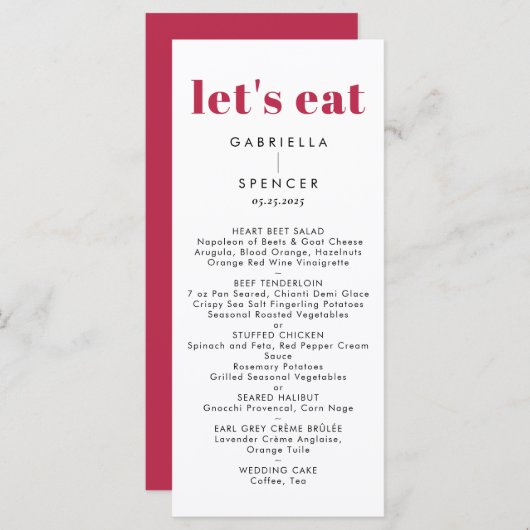 Chic Modern Magenta Red White Monogram Weddenschap Menu (Voorkant / Achterkant)