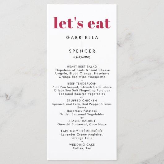 Chic Modern Magenta Red White Monogram Weddenschap Menu (Voorkant)