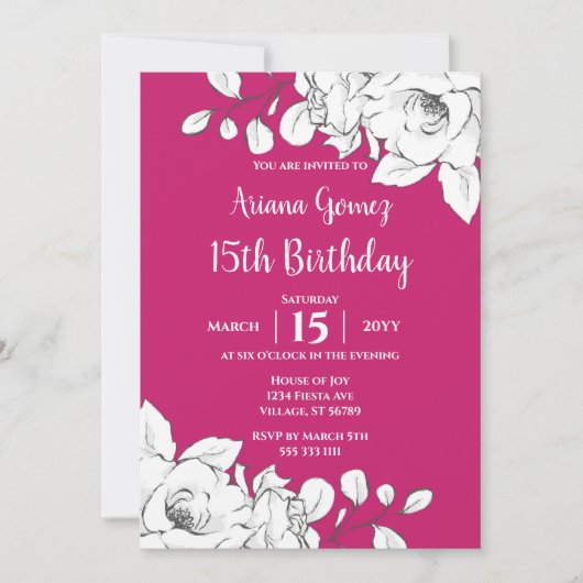 Chic Modern Magenta White Floral 15th Birthday Kaart (Voorkant)