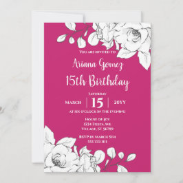 Chic Modern Magenta White Floral 15th Birthday Kaart
