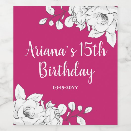 Chic Modern Magenta White Floral 15th Birthday Wijn Etiket (Enkel label)