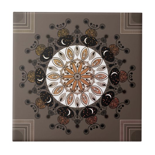 chic modern mandala zwart wit simpel bruin tegeltje (Voorkant)