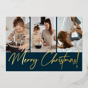 Chic Modern Merry-kerstfoto Navy Blue Folie Feestdagenkaart