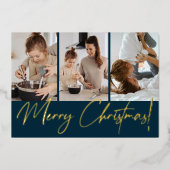 Chic Modern Merry-kerstfoto Navy Blue Folie Feestdagenkaart (Voorkant)