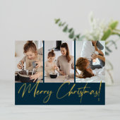 Chic Modern Merry-kerstfoto Navy Blue Folie Feestdagenkaart (Staand Voorkant)