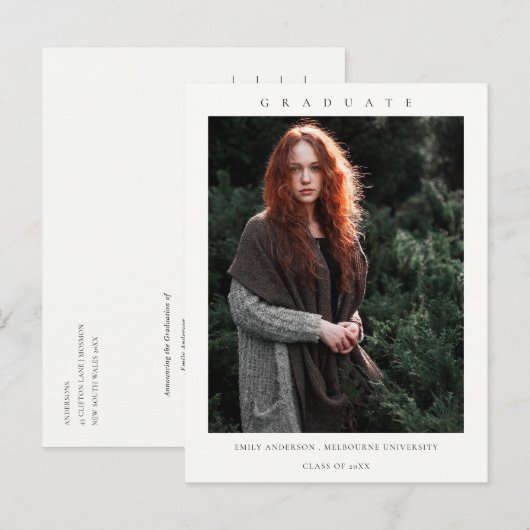 CHIC MODERN MINIMAAL CLEAN CUSTOM FOTO AFSTUDEREN AANKONDIGINGSKAART (Voorkant / Achterkant)